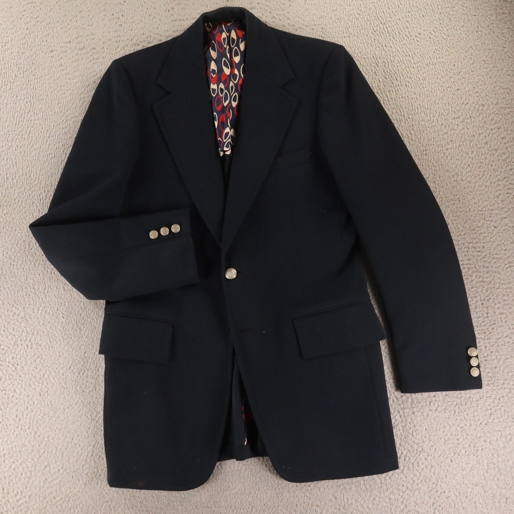 VTG Cavalier Jacket 36L Blue Polyester Blazer Crested Buttons Sport Coat